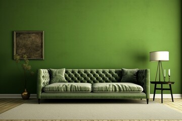 Contemporary room with couch against green wall. Generative AI