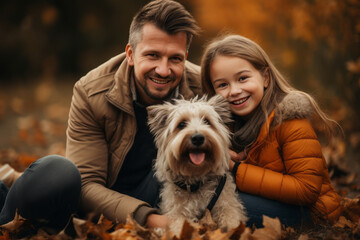 Happy young father and daughter and their dog enjoying their autumn days on a pumpkin field. Generative AI