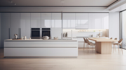 A modern kitchen with glossy white cabinets a large island and a stainless steel refrigerator