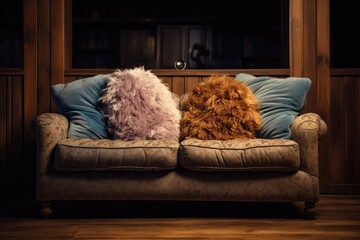 a sofa with two fluffy pillows side by side