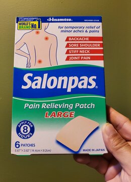 Wilmington, Delaware, U.S - September 27, 2023 - Holding a box of Salonpas, the pain relieving patch