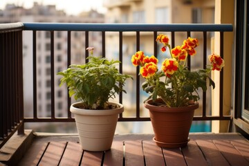 Fototapeta na wymiar two flower pots next to each other on a balcony