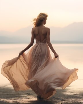 Rear view of a ballerina in a flowing dress, showcasing her elegant moves on a serene, deserted beach. The golden hues of sunset paint a poetic backdrop, reflecting her passion and dedication.