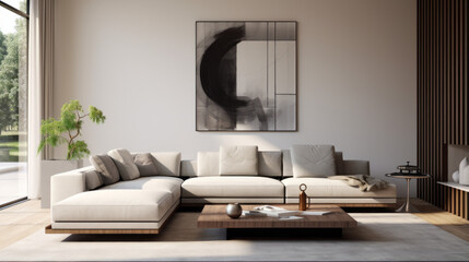 A modern living room with a sleek grey sofa, a rug, and a black and white abstract painting on the wall