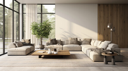 Fototapeta na wymiar A modern living room with white walls, black accents, and a grey sofa