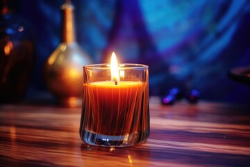 close-up of a candle burning with essential oils beside it