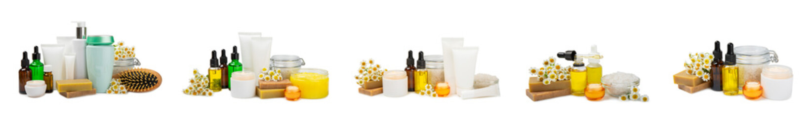 Chamomile spa. Composition with chamomile flowers, handmade soap, essential oil cosmetic bottle, body cream, scrub and sea salt isolated on white background. Relaxing beauty treatments.