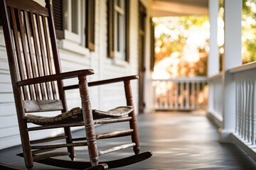 close-up of empty rocking chair on a porch - obrazy, fototapety, plakaty