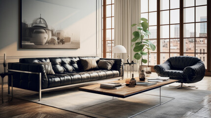 A modern living room with a black leather couch