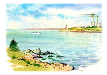 Landscape. Seascape. Watercolor. Sea, rocks, mountains, Sevastopol, Crimea. Travels. Tourism.
