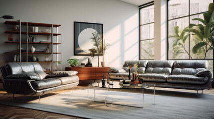 A modern living room with a black leather couch a white armchair and a glass-top coffee table