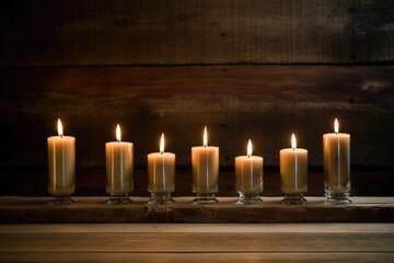 Obraz na płótnie Canvas seven lit candles in candleholder on a wooden table