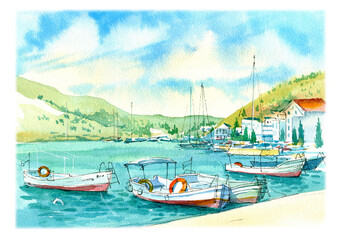 Landscape. Seascape. Watercolor. Sea, rocks, mountains, port, ships. Balaclava, Sevastopol, Crimea. Travels. Tourism.