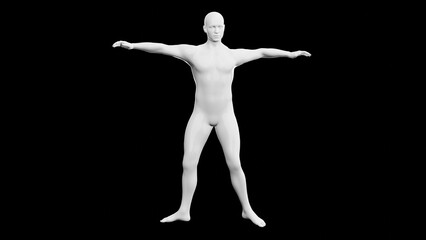 Beautiful young athletic man dancing energetically in hip hop style, isolated on black background. 3d illustration. Shiny white mannequin, android.