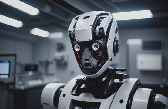 Robot face close-up futuristic modern background. Future digital technology AI artificial intelligence concept. Generative AI
