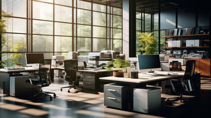 A modern office with an assortment of computers a printer and a few office chairs