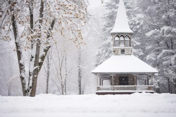 a church bell in a snowy background, winter greenery around