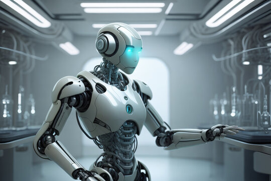 Robot face close-up futuristic modern background. Future digital technology AI artificial intelligence concept. Generative AI