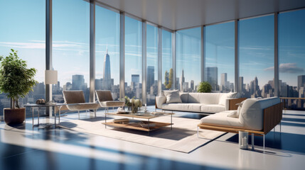 A modern penthouse with floor-to-ceiling windows, a rooftop terrace, and city skyline views