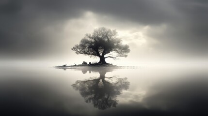 tree is standing in water on an island in white and black - obrazy, fototapety, plakaty