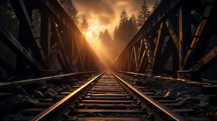 Schilderijen op glas railroad tracks on a bridge at sunset © Nicolas Swimmer