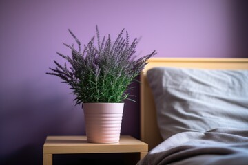 potted lavender plant under soft light in a bedroom