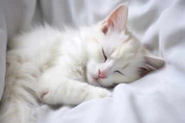 a cat curled up asleep on a fluffy white cushion