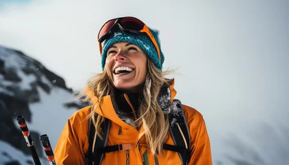 Zelfklevend Fotobehang Happy woman skier against the backdrop of mountains © terra.incognita