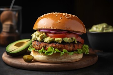 Healthy plant-based burger with guacamole and pickles on a toasted bun. Generative AI