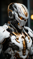 Fototapeta premium Futuristic Elegance: Neon Armor Portrait. Elegance meets futurism in this portrait featuring neon-lit armor, symbolizing the blend of style and technology. A striking futuristic vision.