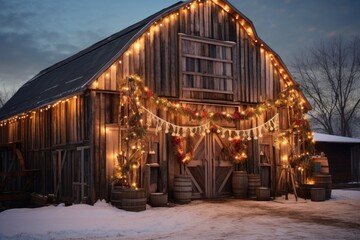 rustic barn adorned with multicolored twinkling lights in the snow