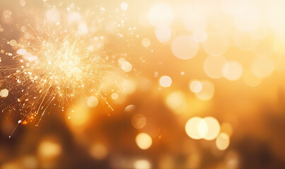 A sparkler emits shimmering light against a golden bokeh background.