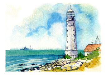 Beautiful watercolor landscape. View of the sea and Lighthouse at Cape Chersonesos. Sevastopol, Crimea.