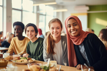 Students in a school dining room, sitting at cafeteria tables and sharing a meal, diverse student population - obrazy, fototapety, plakaty
