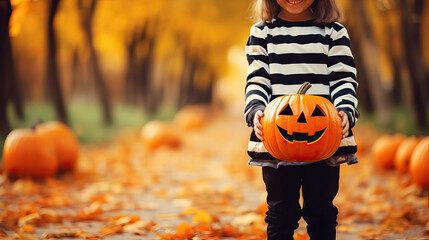 Obraz premium Closeup photo of girl's hands holding a jack-o-lantern for Halloween, autumn park on background, copy space template for invitation