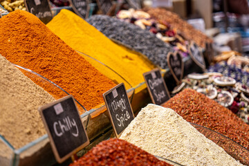 The charm of color and aroma: A treasure trove of spices found at a bazaar