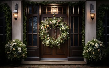 Fototapeta na wymiar Blossom flower arrangement of the house entrance. Decorative spring or summer wreath on the wooden door. Romantic wedding decor.