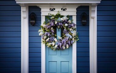 Blossom flower arrangement of the house entrance. Decorative spring or summer wreath on the blue wooden door. Romantic wedding decor.