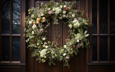 Fototapeta na wymiar Closeup of decorative spring or summer wreath on the brown wooden door. Blossom flower arrangement of the house entrance.
