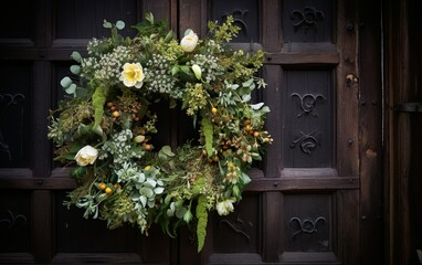 Closeup of decorative spring or summer wreath on the wooden door. Blossom flower arrangement of the house entrance.
