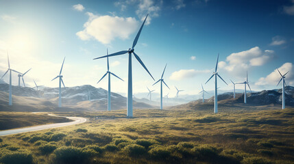 A modern wind farm with rows of towering wind turbines generating renewable energy