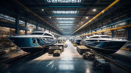 Boat assembly plant. Boat manufacturer. Boat factory. Generative AI - obrazy, fototapety, plakaty