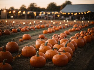 pumpkins on a pumpkin patch farm autumn fall festival with lights and people
