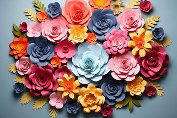 Colourful handmade paper flowers on light blue background 