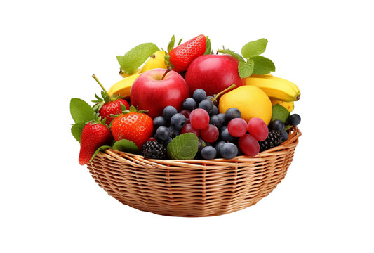 Fruits including oranges, apples, grapes, bananas are in a wicker basket.