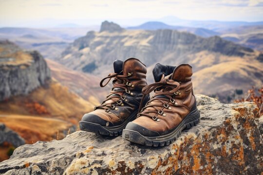 Pair Of Hiking Boots On A Cliff Edge Overlooking Mountains