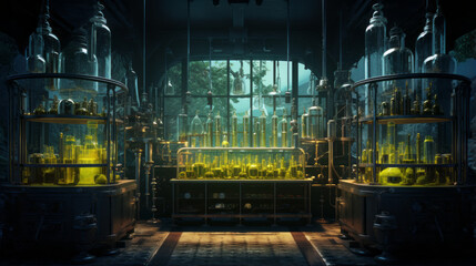 A mysterious laboratory with unknown contraptions and test tubes
