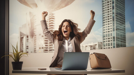 Inspired female manager with laptop jumping in air and celebrating success on background - obrazy, fototapety, plakaty