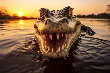 Foto op Plexiglas A photo-realistic image of a crocodile head emerging from the water with its mouth open. AI Generated. © atdigit
