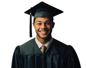Successful male college student at graduation in his cap and gown, transparent background (PNG)